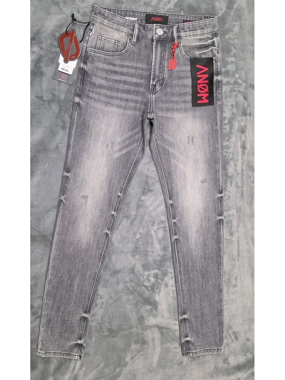 Anom Grey Wash Skinny Jeans 29 Distressed 360 Logo 34 Inseam NWT $100